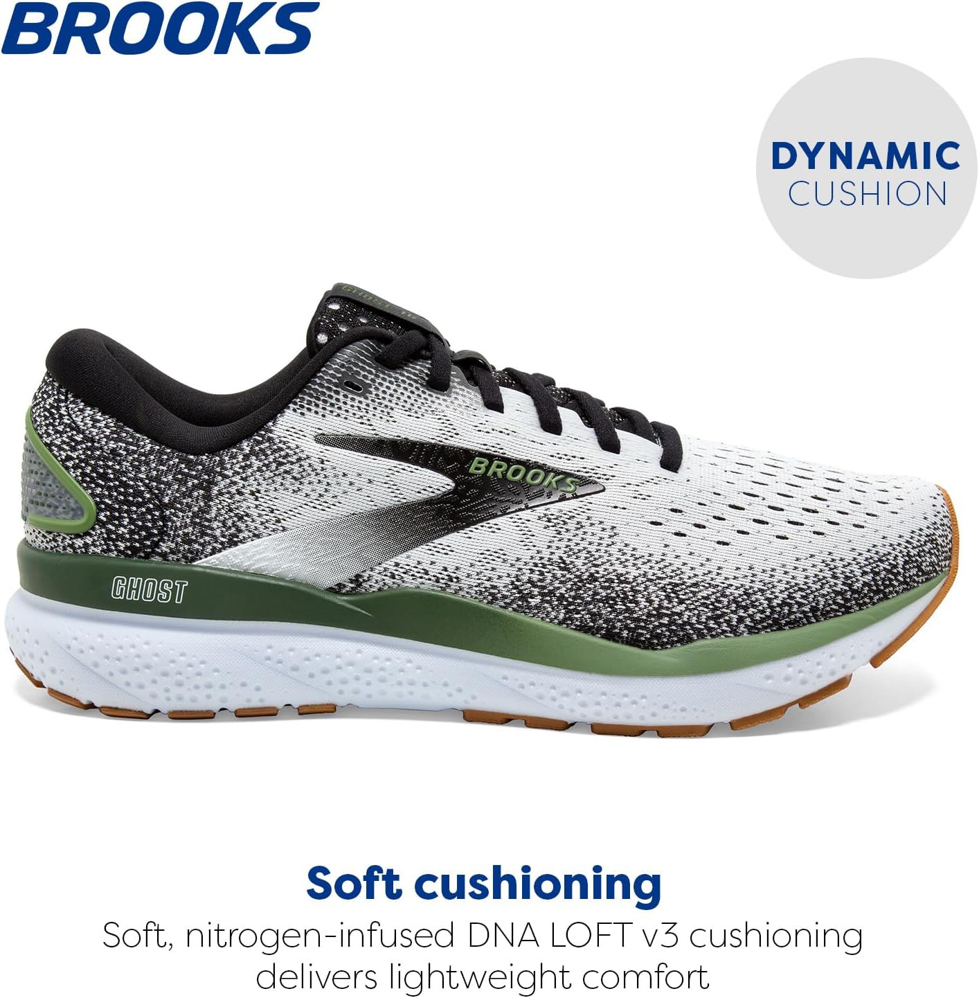 Мужские нейтральные беговые кроссовки Brooks Ghost 16, белый/черный/зеленый — фото 2