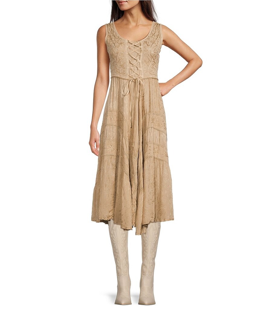 

Жаккардовое платье миди Scully без рукавов со шнуровкой и цветочной вышивкой, завязывающееся на талии, бежевый