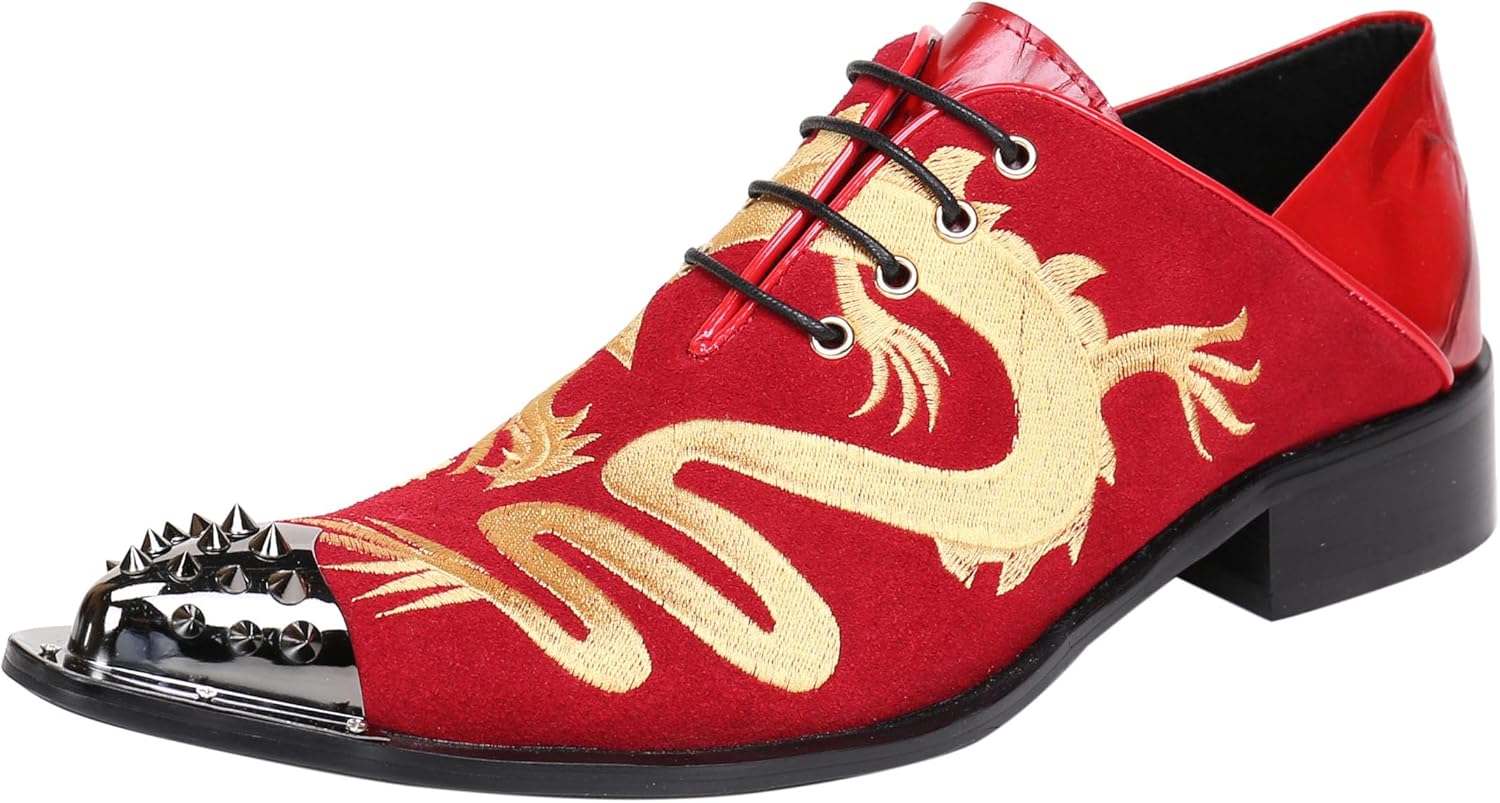 

Мужские кожаные туфли Santimon Mens Western с острым носком, шнуровкой, вышивкой модного дизайна и металлическим носком, оксфорды, красный