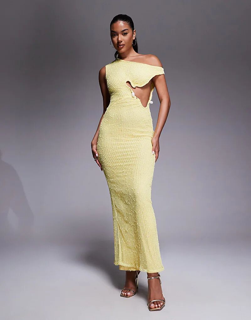 

Длинное платье ASOS DESIGN с отделкой на одно плечо, связанное крючком, желтого цвета