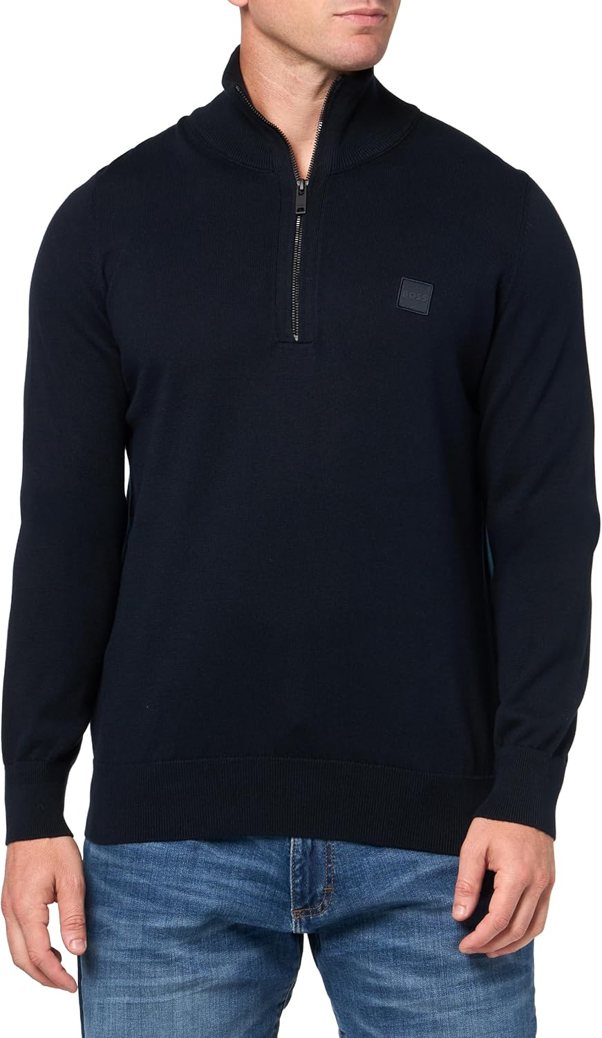 

BOSS мужской квадратный логотип хлопковый смесовый свитер с молнией на четверть, Deep Sea