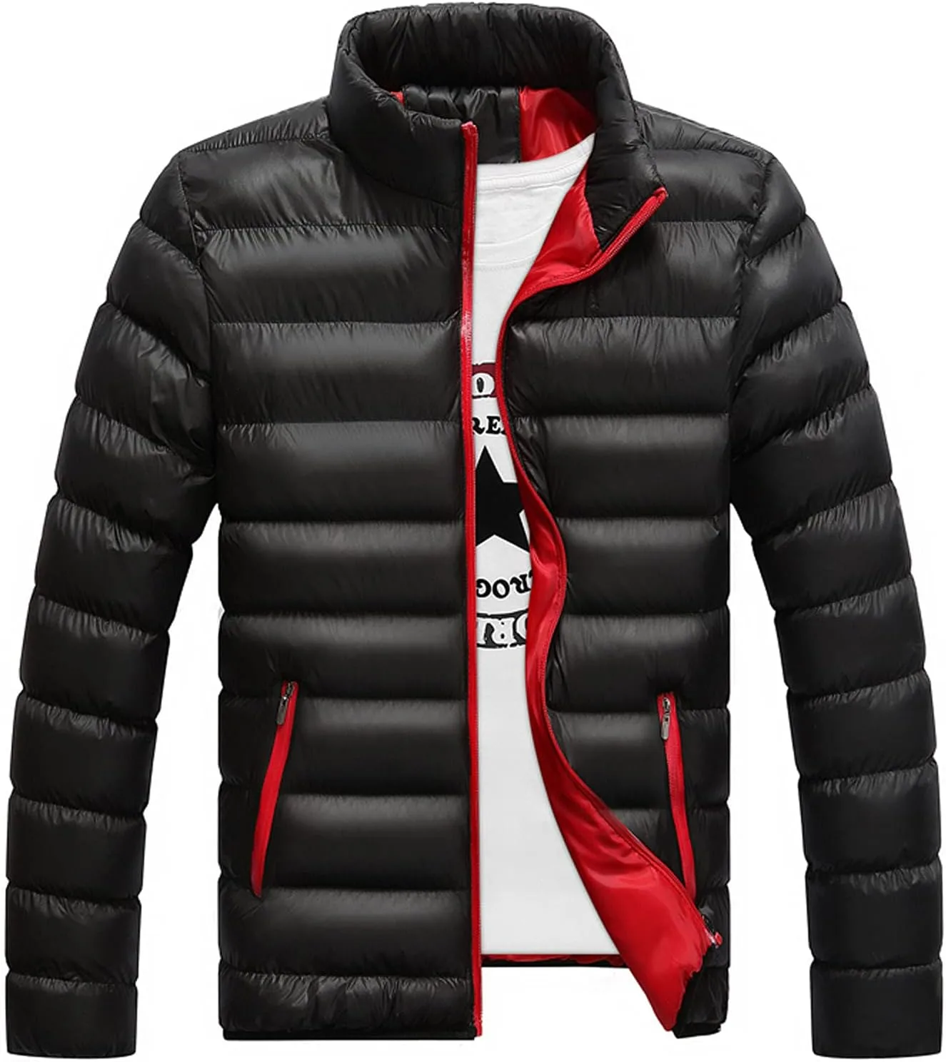 Мужское зимнее хлопковое пуховое пальто, легкое, стеганое, утепленное, с воротником-стойкой, на молнии, для путешествий, утепленное пальто Generic, черный