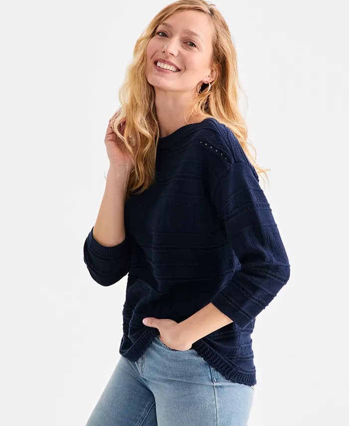 

Укороченный хлопковый свитер с ажурной вязкой Style & Co, синий