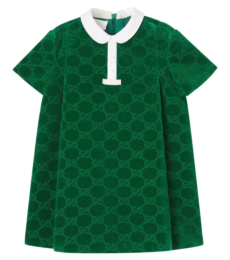 Хлопковое платье Baby GG с вышивкой английской вышивки Gucci Kids, зеленый