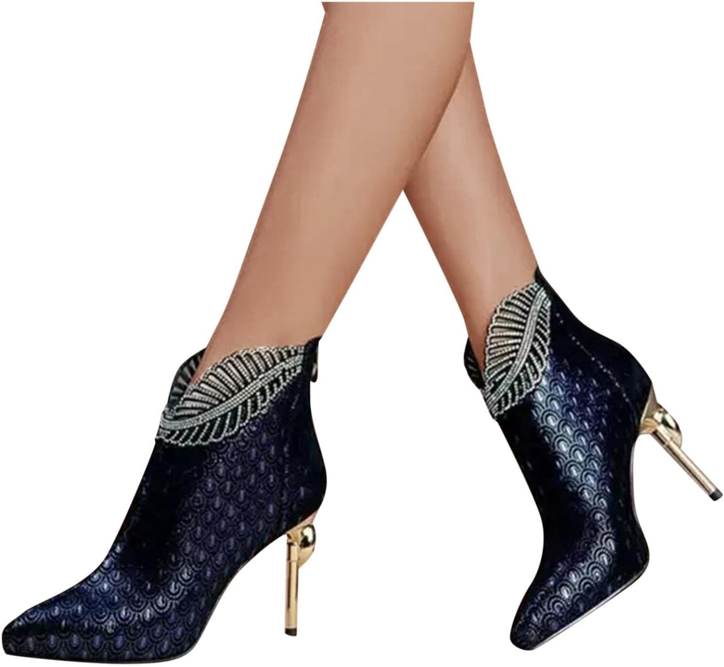 Женские высокие ботильоны Hbeylia Stiletto с высокими каблуками, модные, винтажный дизайн с листовым манжетом, кожаные, с острым носком, на каблуке, осенне-зимние элегантные короткие ботинки для невесты, свадьбы, банкета или вечеринки, синий — фото 4