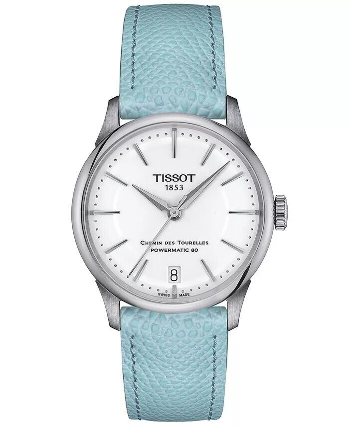 

Женские швейцарские автоматические часы Chemin des Tourelles Powermatic 80 с синим кожаным ремешком, 34 мм Tissot