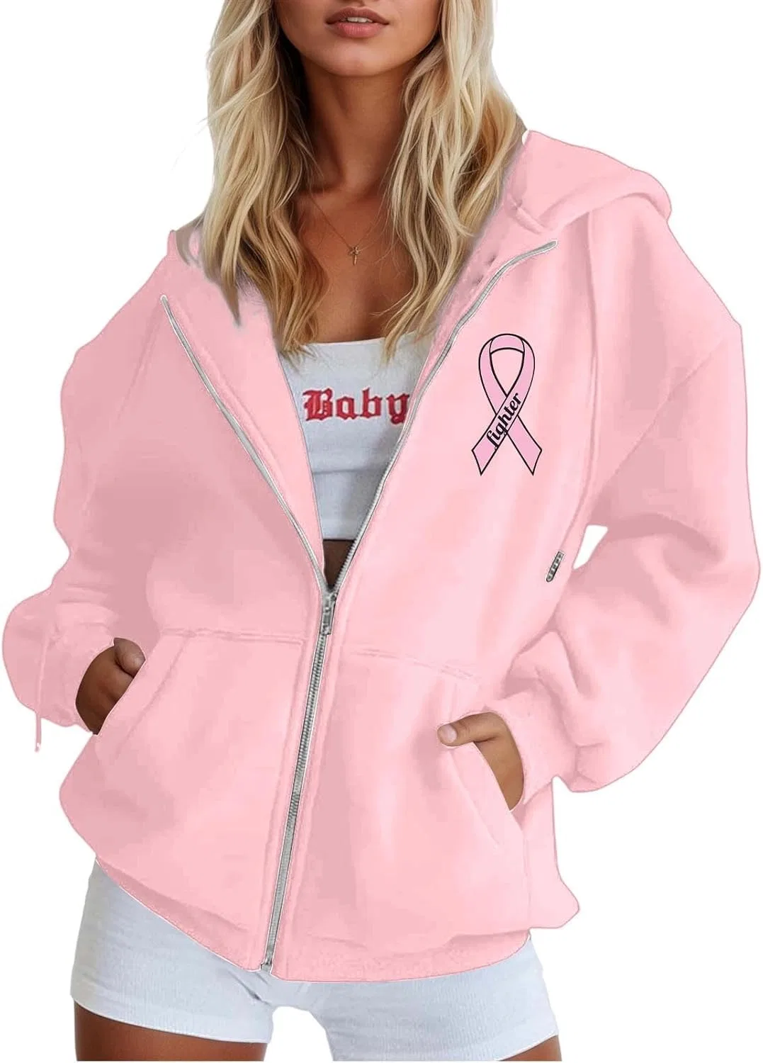 Худи на молнии женское с принтом Breast Cancer Awareness, розовое — фото 2