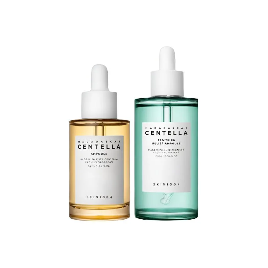 SKIN1004 Набор для ухода за кожей с сывороткой Centella Asiatica и ватными дисками для увлажнения и восстановления, Two-Piece Set: Tea Tree Serum 100ml+Centella Asiatica Serum 55ml