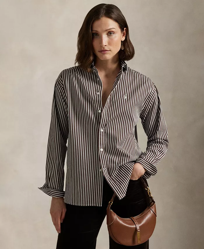 

Женская полосатая хлопковая рубашка свободного кроя Polo Ralph Lauren, коричневый/бежевый