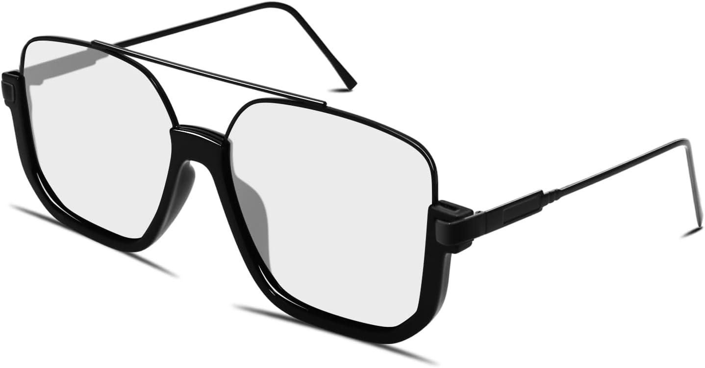 

Ретро-солнцезащитные очки-авиаторы большого размера для женщин и мужчин, квадратные, с двойной перемычкой, в стиле 70-х. Модные очки в стиле 70-х GUVIVI, Black Frame - Blue Light Clear Lens