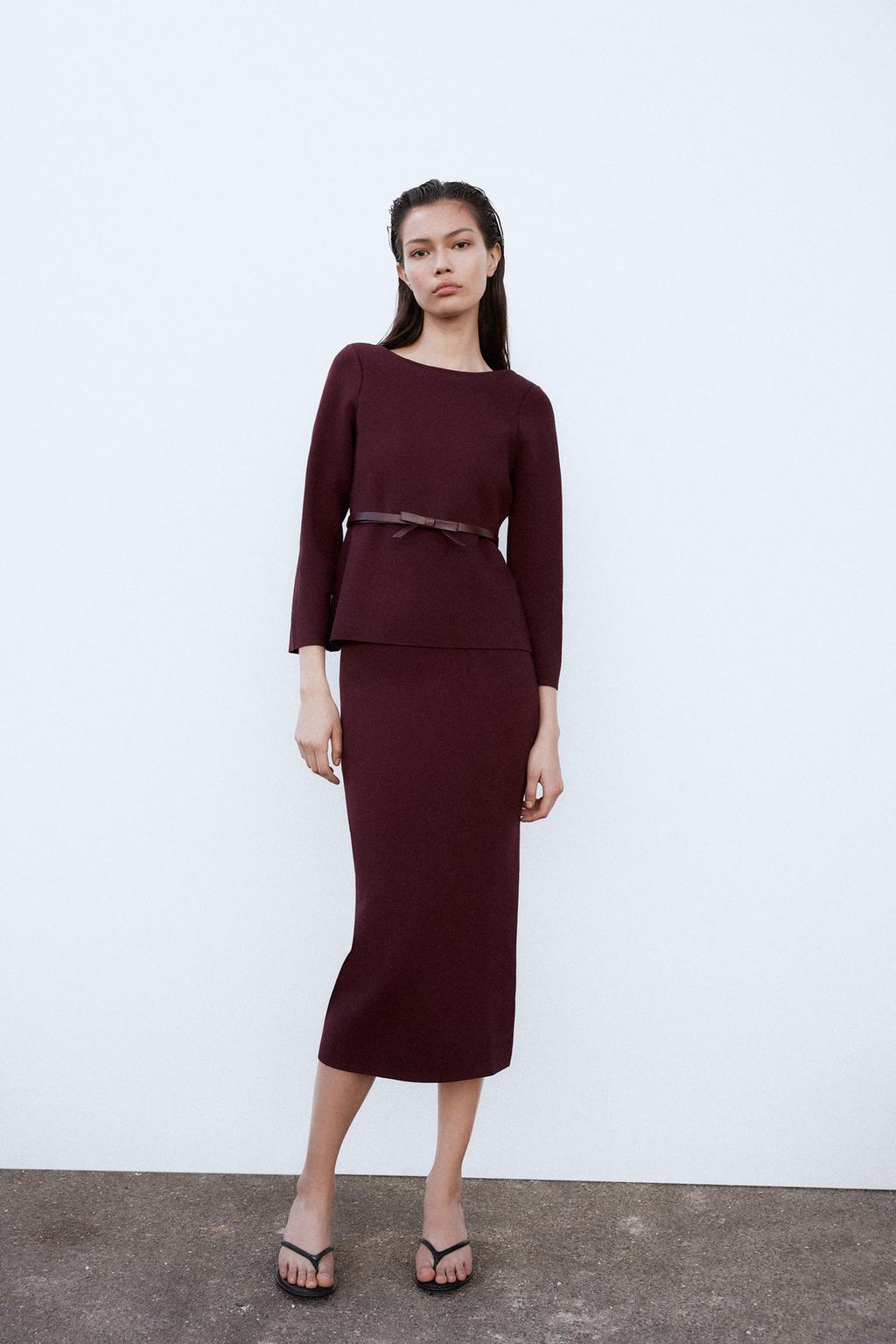 

Однотонная трикотажная юбка миди ZARA, бордовый