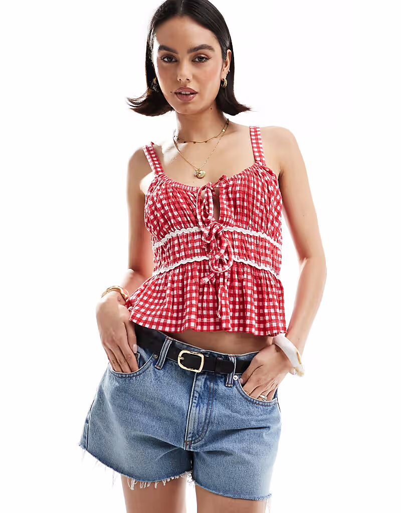 

Топ молочницы ASOS DESIGN в клетку в клетку с отделкой рикрак красного цвета