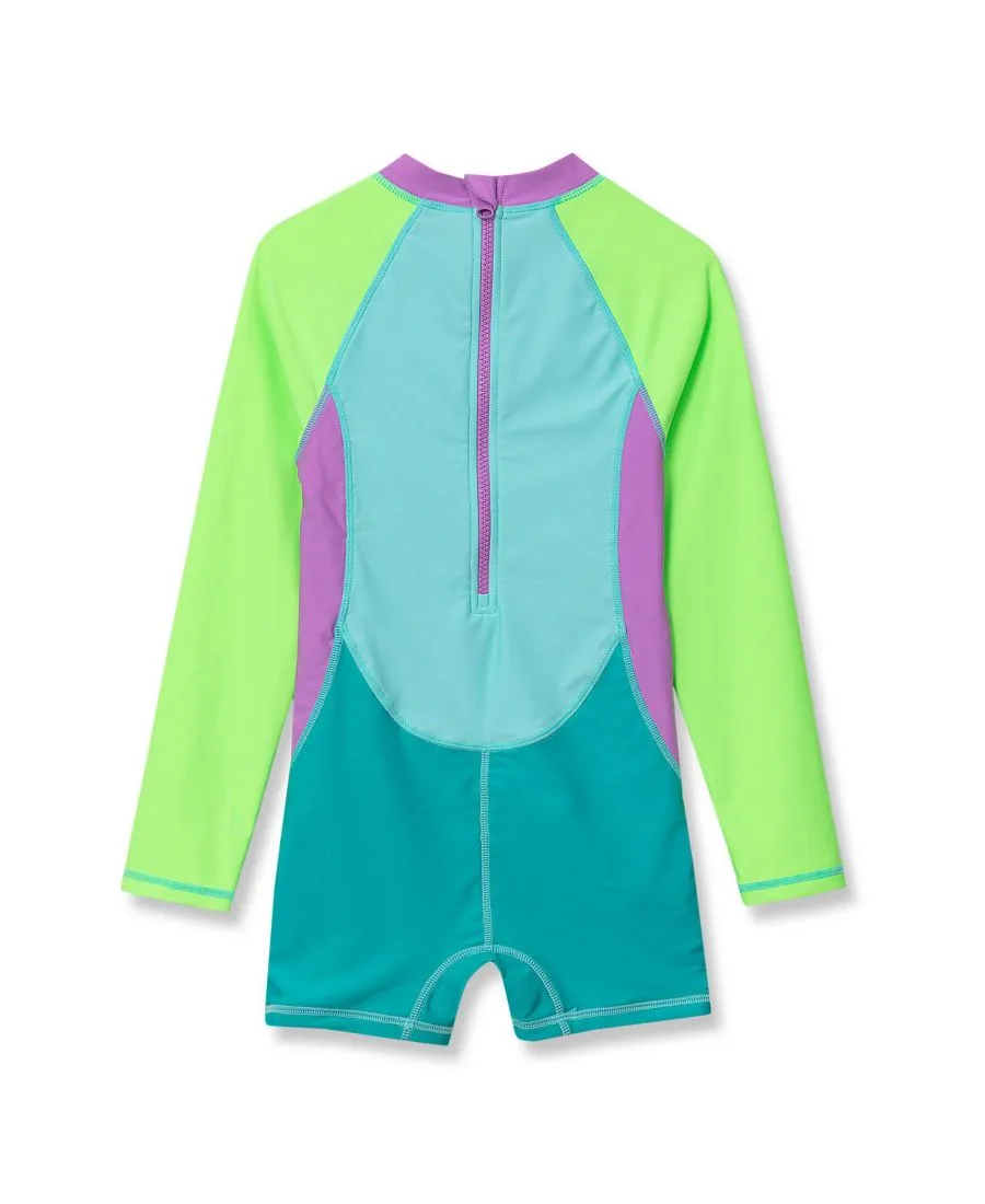 Детский хлоростойкий боди с длинными рукавами для серфинга Lands' End, синий/lime colorblock — фото 2