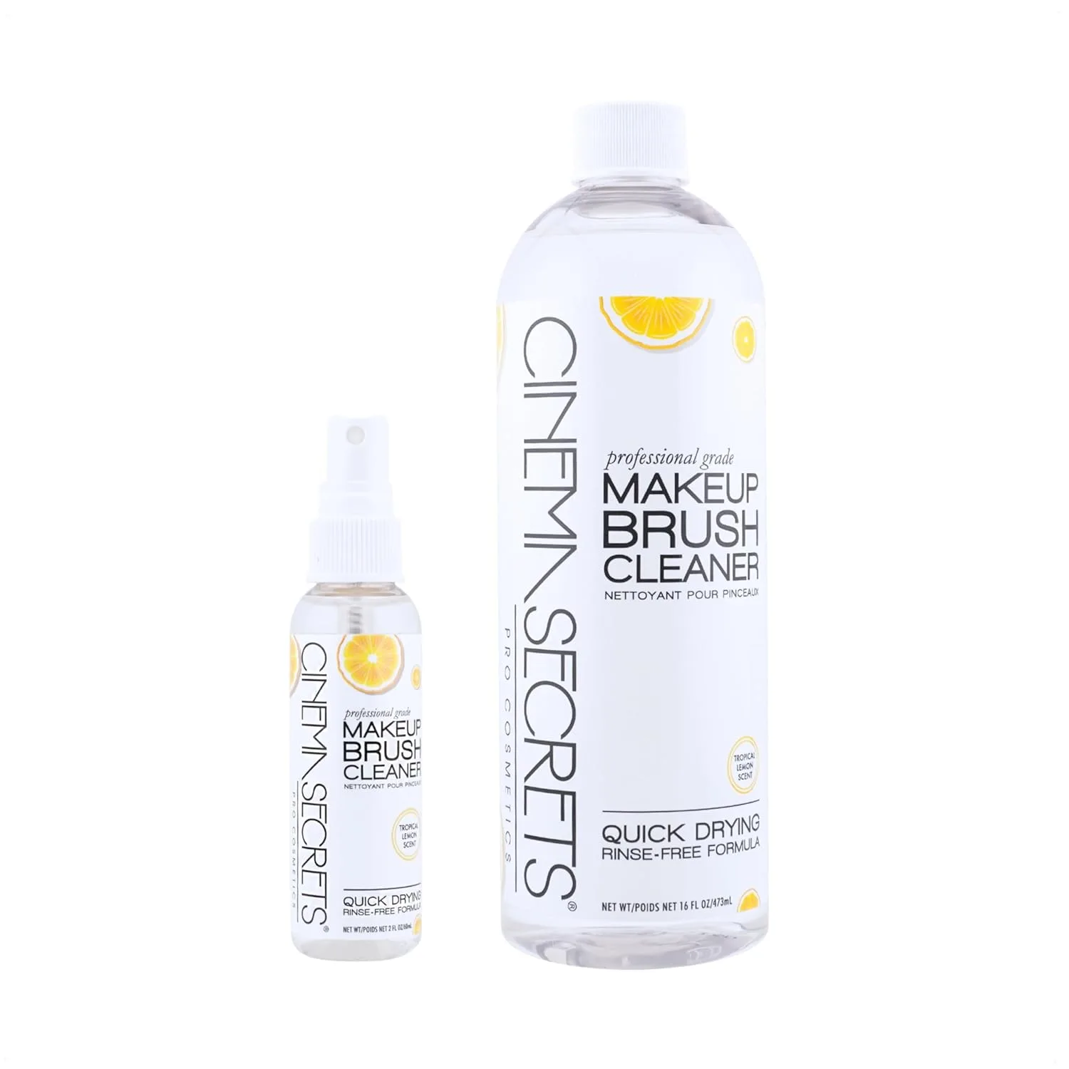 CINEMA SECRETS Original Makeup Brush Cleaner Solution & Spray Combo - профессиональное средство для очистки кистей для макияжа, быстросохнущее, без смывания, удаляет стойкий макияж, лимон (473 мл и 59 мл)