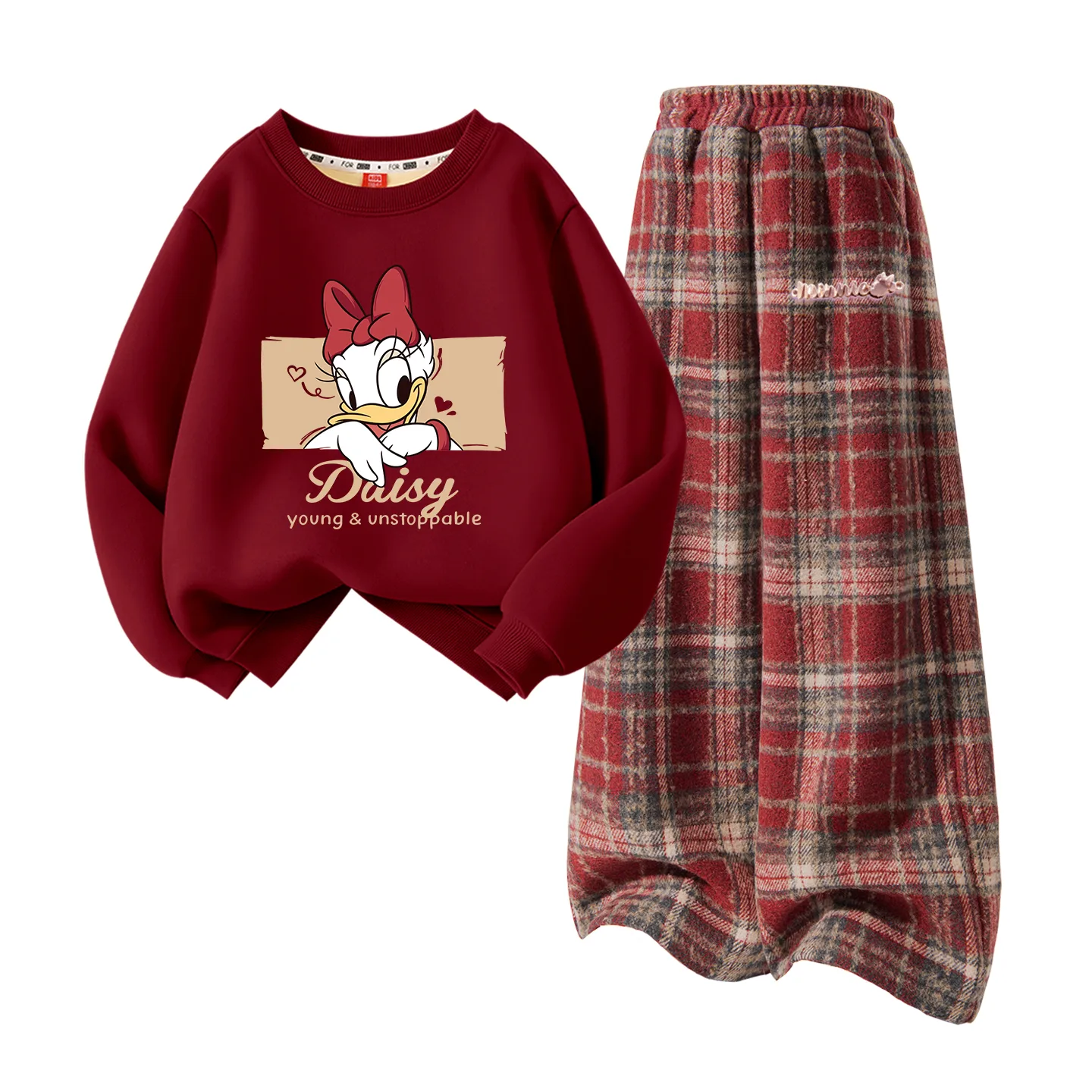 Disney Kids Tang Suits Crew Neck Thickness, [Thickened and Fleece-Lined]Dihe Look Burgundy+Di Long Metal Label K Red Plaid