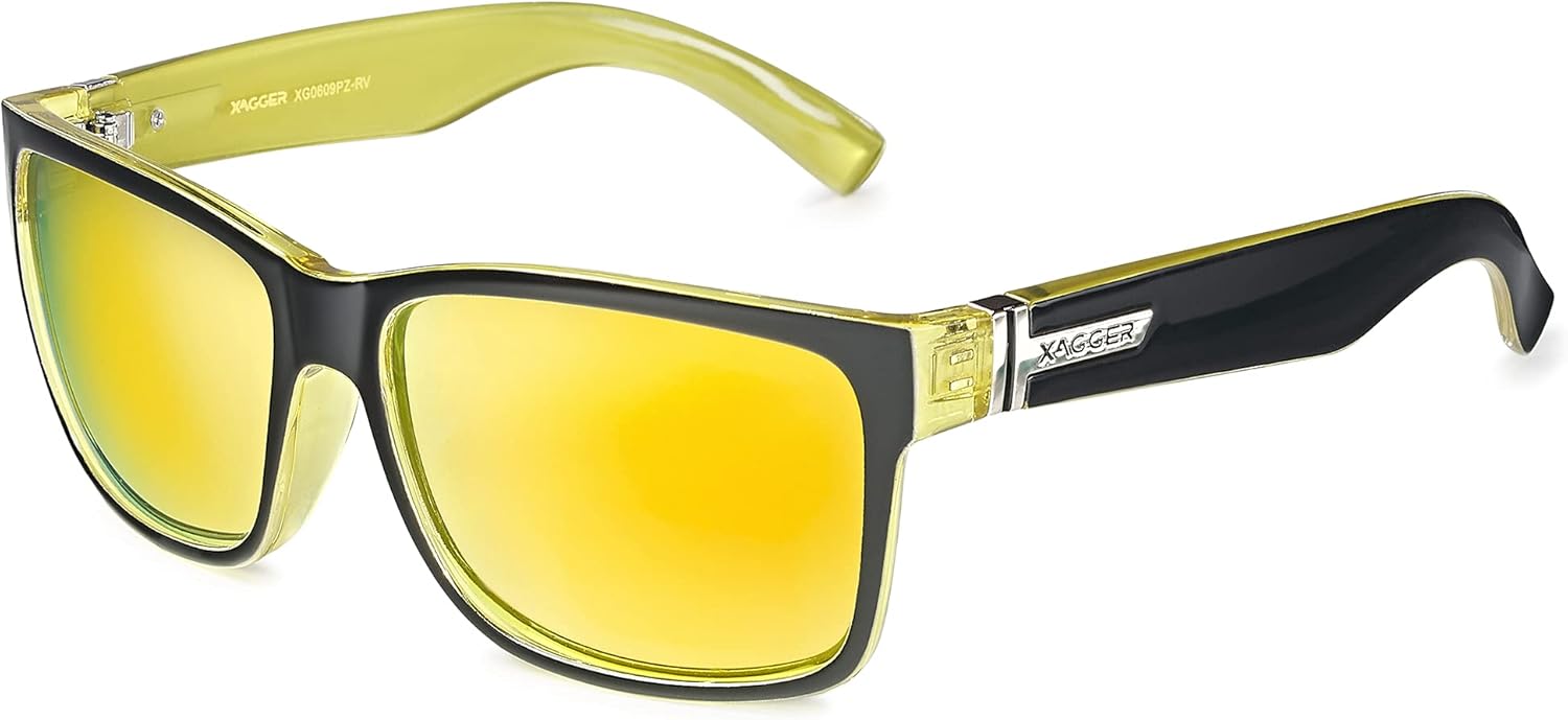 

Квадратные поляризованные солнцезащитные очки Xagger для мужчин и женщин, защита от ультрафиолета UV400, зеркальные спортивные солнцезащитные очки, Yellow - Black | Yellow Mirror