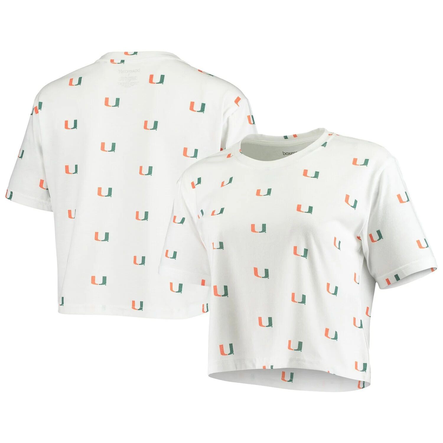 

Женская белая укороченная футболка с принтом Miami Hurricanes, Белый, Женская белая укороченная футболка с принтом Miami Hurricanes