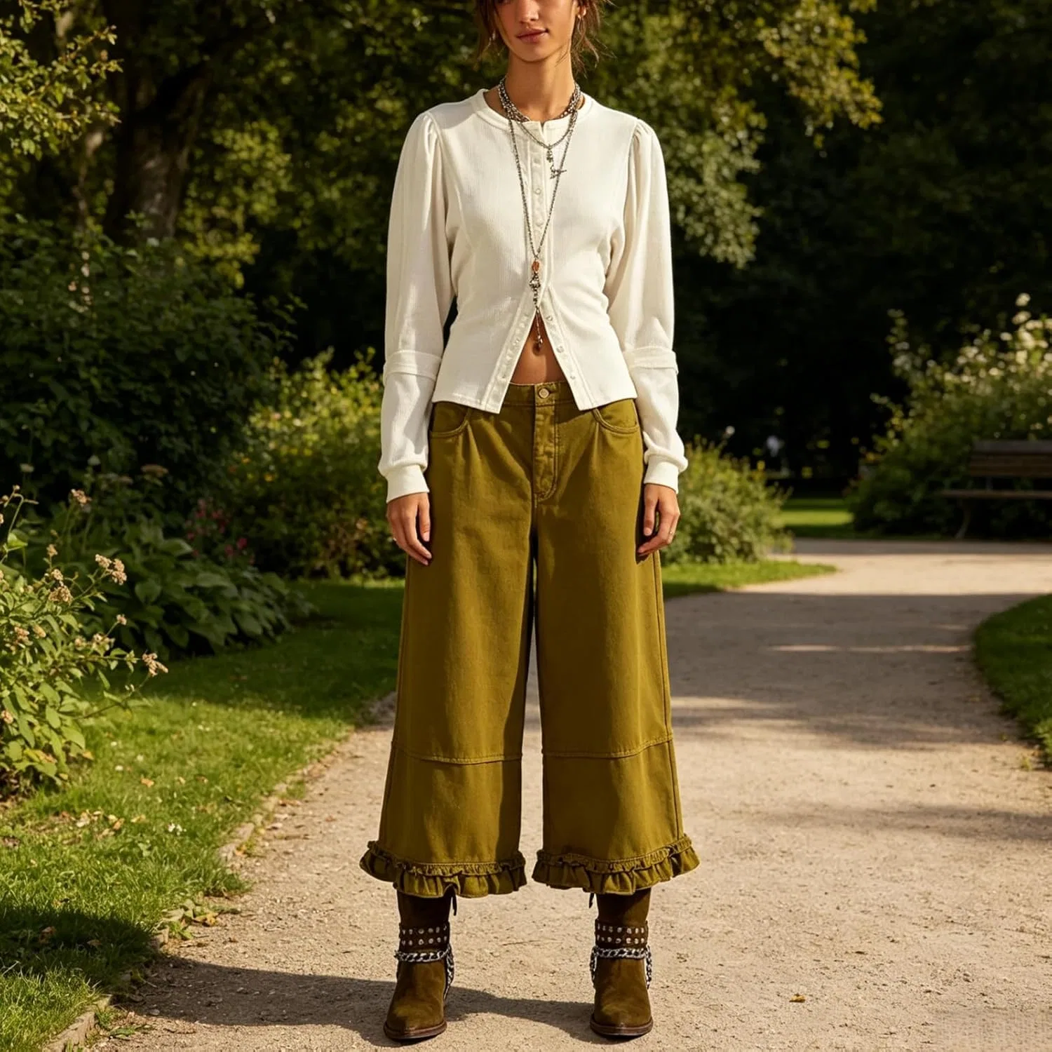 Джинсы с воланами Wide Leg, Army Green — фото 4