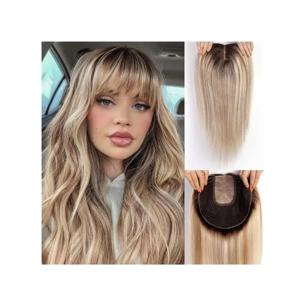 Женский шиньон-топпер из натуральных волос с челкой 16 дюймов Jianbohairs, Ombre Brown Blonde