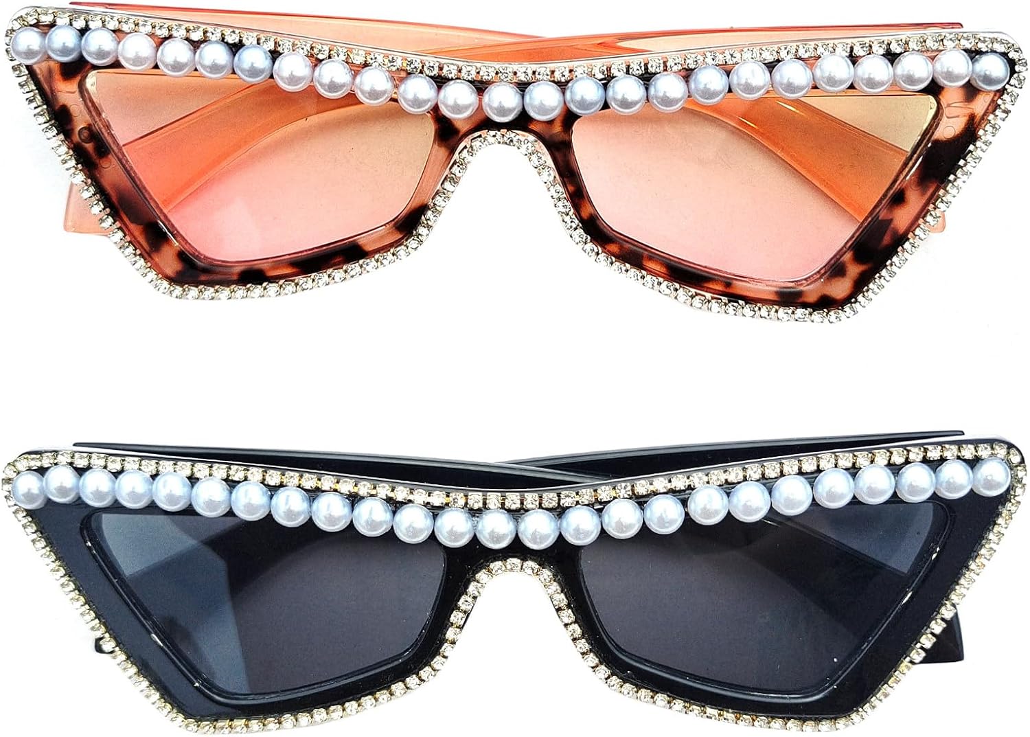 

COTIA Модные солнцезащитные очки «кошачий глаз» с жемчугом и бриллиантами для женщин, ретро-стиль, узкие очки «кошачий глаз» со стразами, треугольные солнцезащитные очки в винтажном стиле, 2pcs Leopard+black