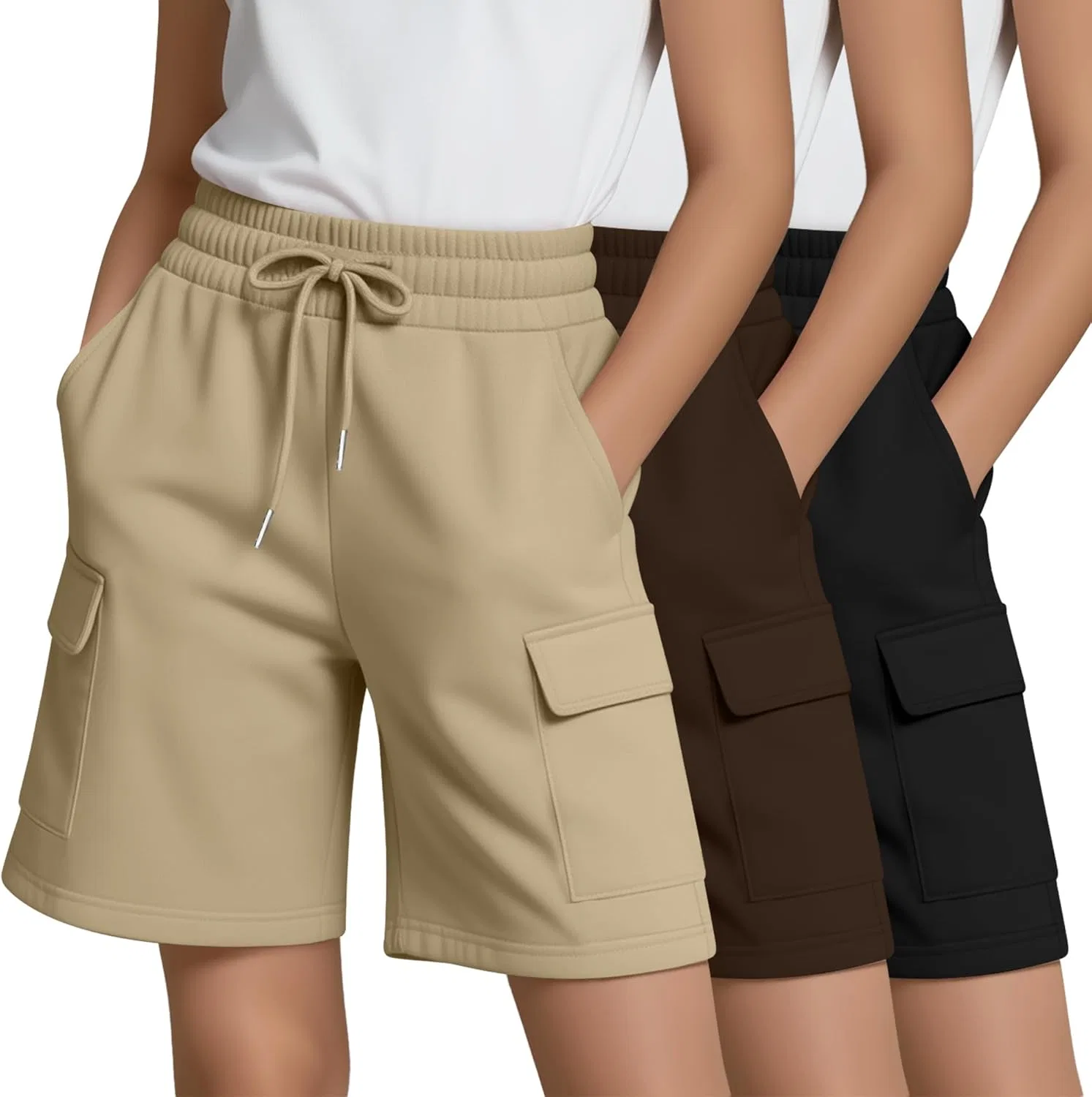 Шорты карго для девочек, 3 шт, LessonZoo, Black, Brown, Light Khaki