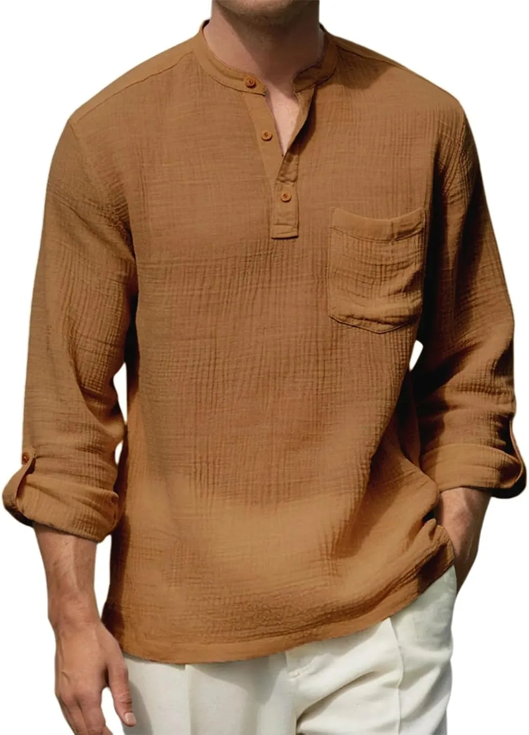 

Льняная футболка хенли для мужчин, летняя, с длинным рукавом и карманами