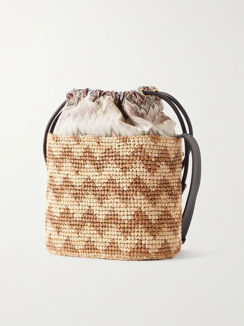 Маленькая полосатая сумка-ведро из рафии с кожаной отделкой Missoni, бежевый — фото 3