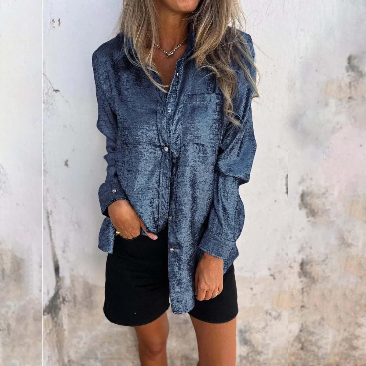 Блуза из сатина с V-образным вырезом, Women Satin Silk Blouse, синий — фото 3