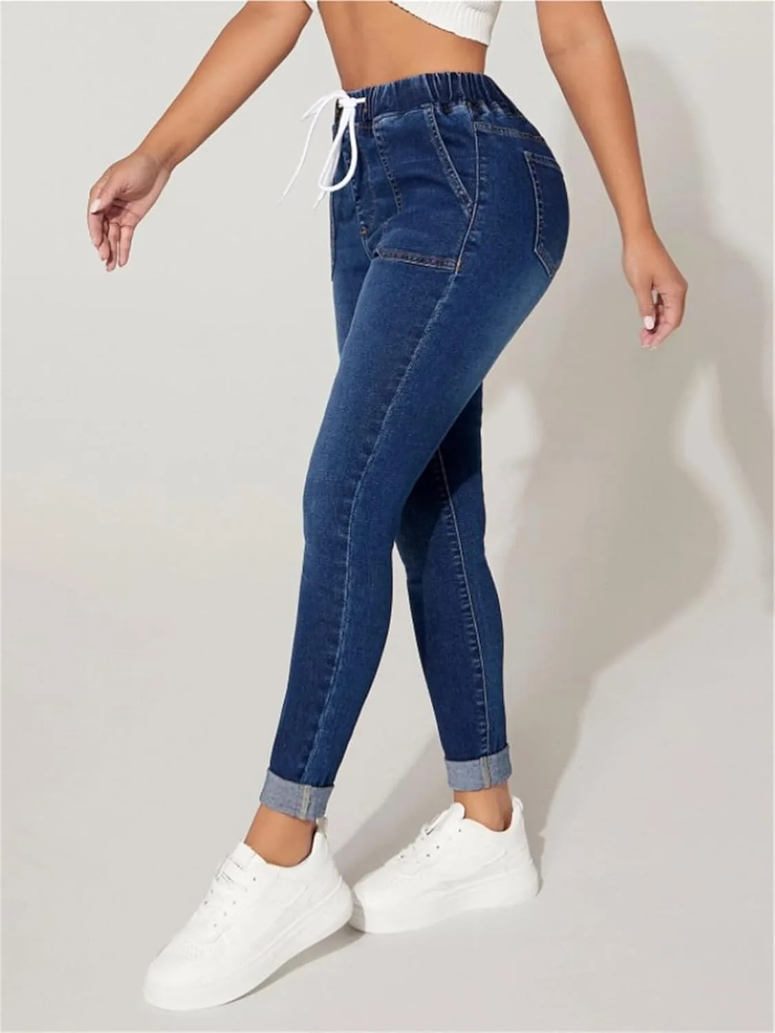 Женские джинсы скинни с завязками темно-синие эластичные slim fit — фото 4