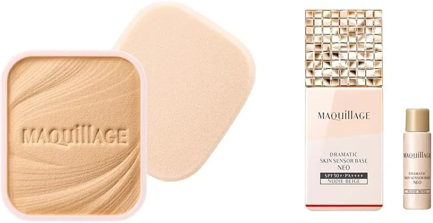 Пудра компактная Maquillage Dramatic Powdery EX SPF25 PA+++ Ochre 10 + база Skin Sensor Base NEO Nude Beige, набор