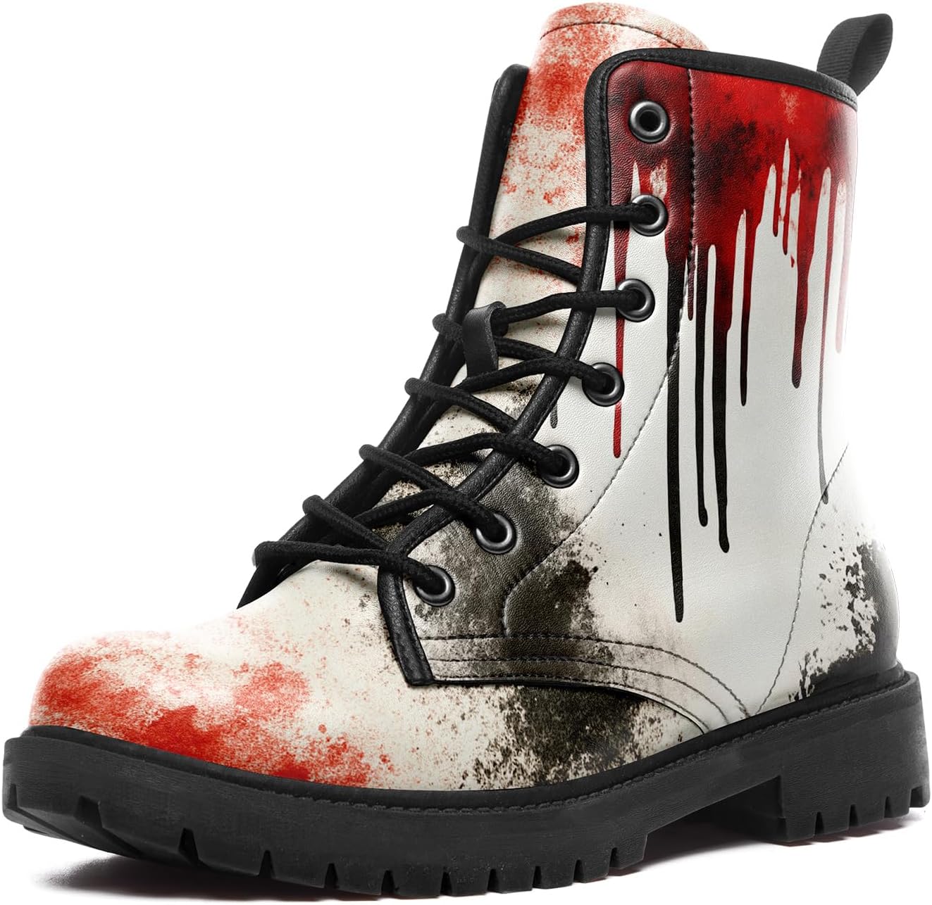 

Готические боевые ботинки с каплями крови - унисекс, шнуровка, ботильоны на щиколотку, противоскользящая подошва с платформой, амортизация, панк, обувь на Хэллоуин Coolcustomize, Red-White