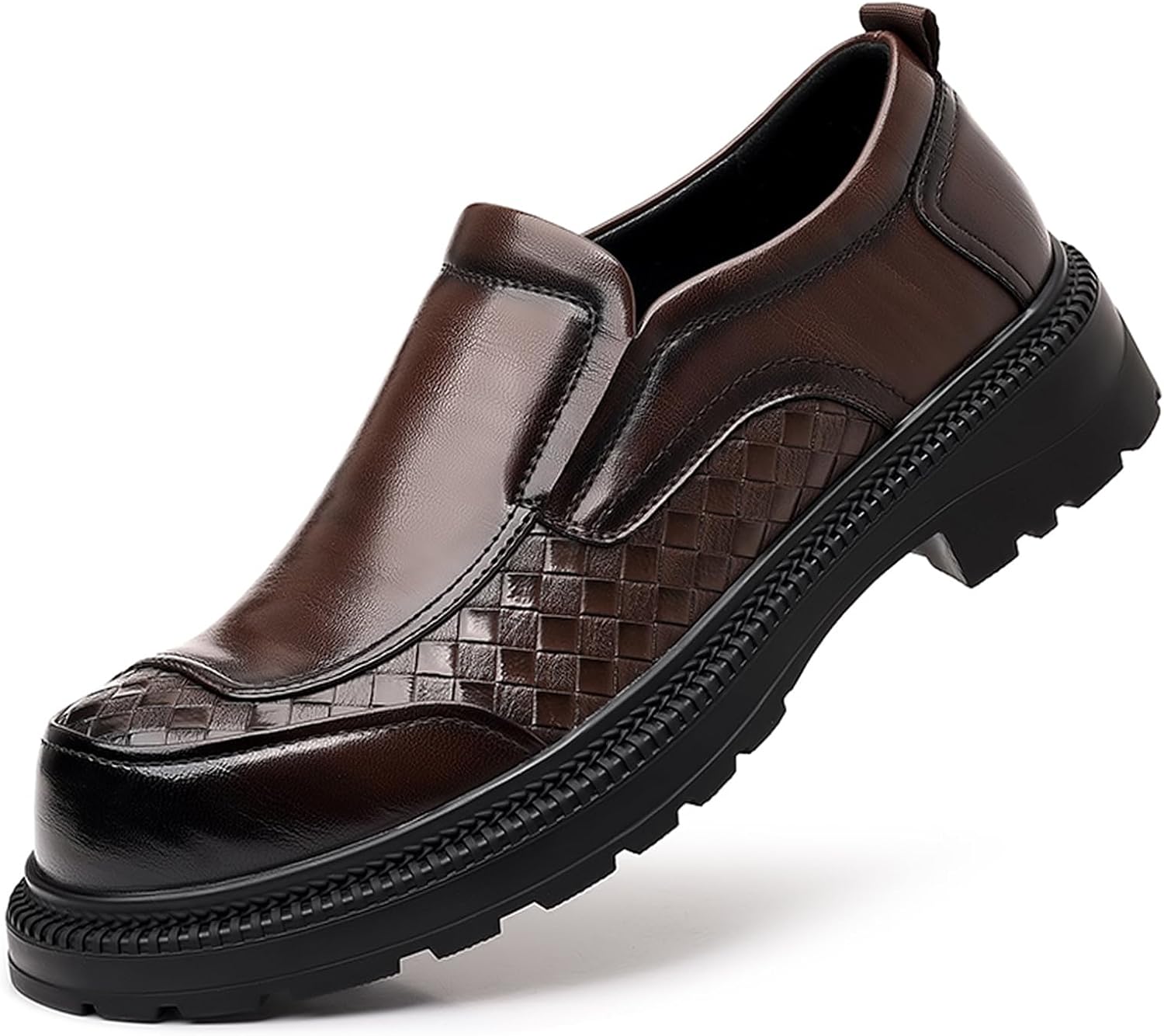 

Мужские кожаные лоферы с принтом на платформе, удобные, с круглым носком, противоскользящей подошвой, повседневные деловые туфли для работы, вечеринок, свадеб и официальных мероприятий Ptnoka, коричневый