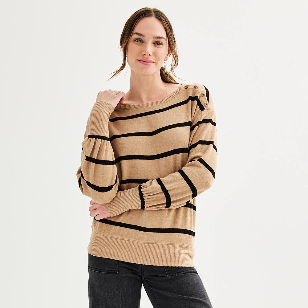 

Petite Sonoma Goods For Life Уютный пуловер на пуговицах с вырезом «лодочкой», цвет Medium Brown Stripe