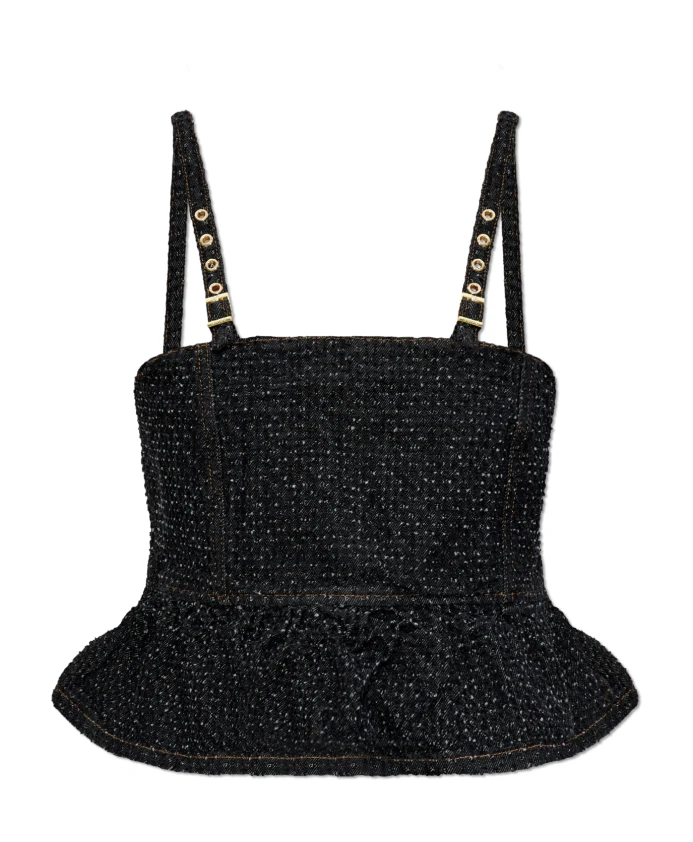 

Пушистый топ на бретельках из джинсовой ткани Ganni, черный