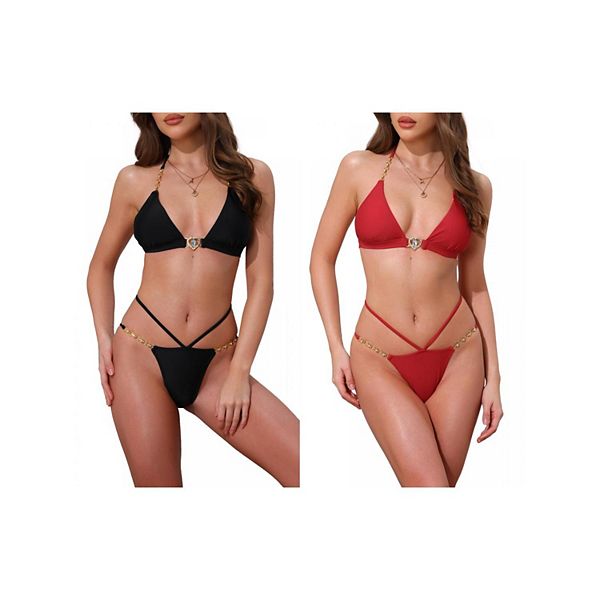 

2 комплекта женского бикини с сердечками и стразами, топ-галтер и треугольные трусики Inspire Chic, Black Red
