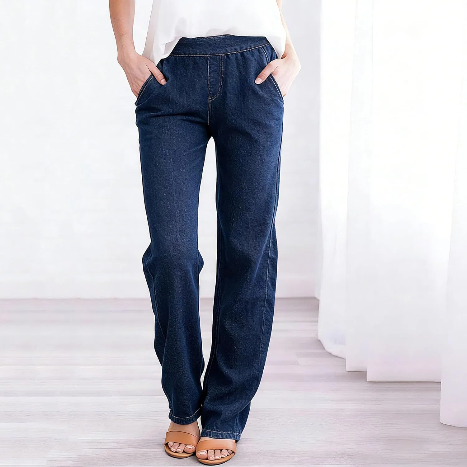 Джинсы прямые, эластичный пояс, высокие, Womens Straight Leg Denim Pants, темно-синие — фото 2
