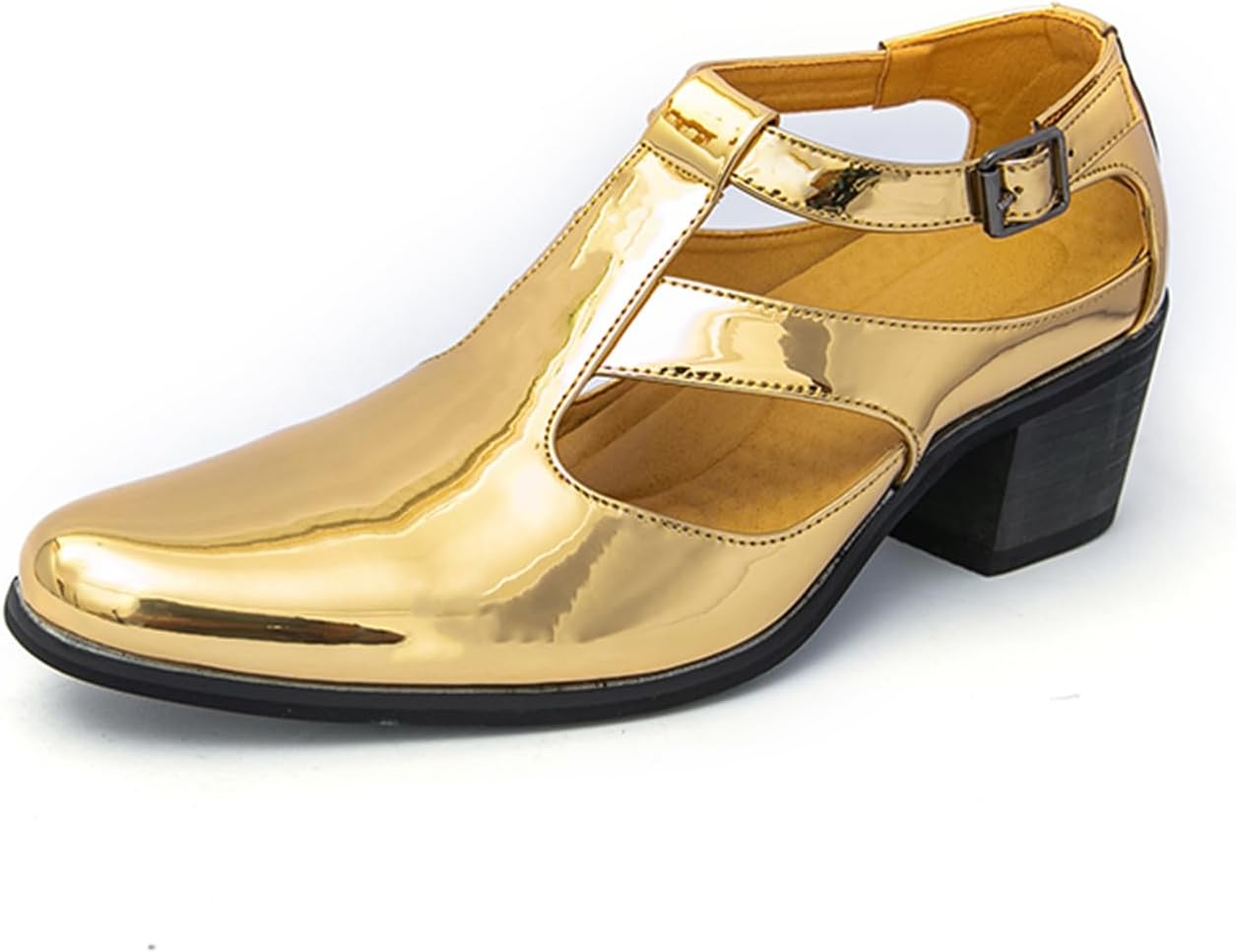 

Мужские лоферы с вырезами из блестящей лакированной кожи на высоком каблуке с пряжками, повседневные с заостренным носком, нескользящие сандалии, оксфорды для деловых, официальных свадебных и вечерних мероприятий Tixewsjh, золотой