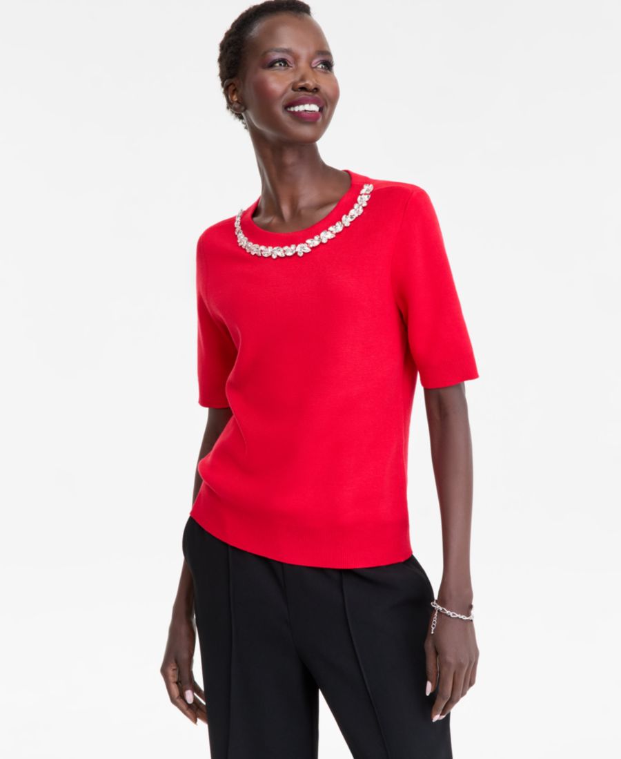 

Женский свитер с короткими рукавами и украшенным воротником, эксклюзивно от Macy's INC International Concepts, Real Red