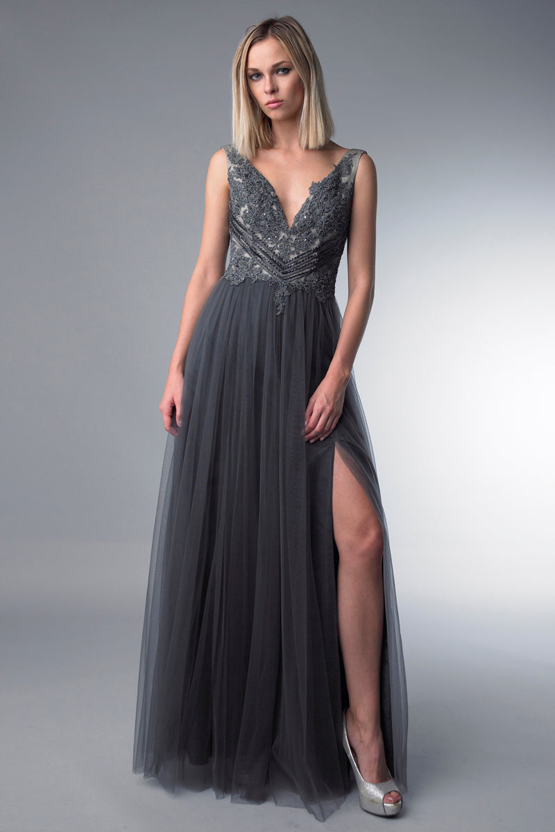 

Платье из тюля без рукавов с V-образным вырезом Basix Black Label, Charcoal