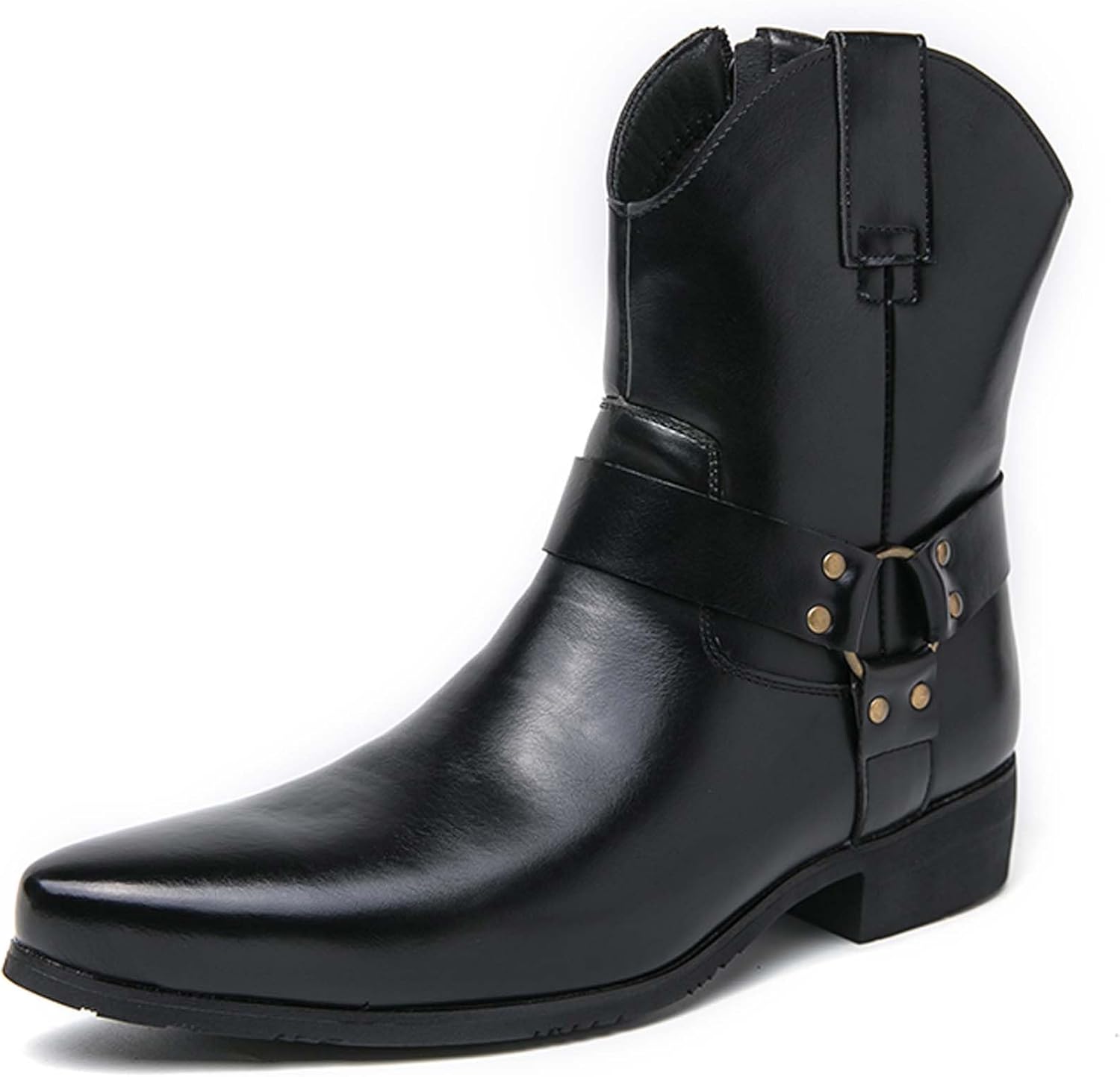 

Мужские западные ковбойские ботинки с модным заостренным носком, повседневные и официальные, ботинки Челси с противоскользящей подошвой для езды на мотоцикле, с пряжкой и боковой молнией Generic, черный