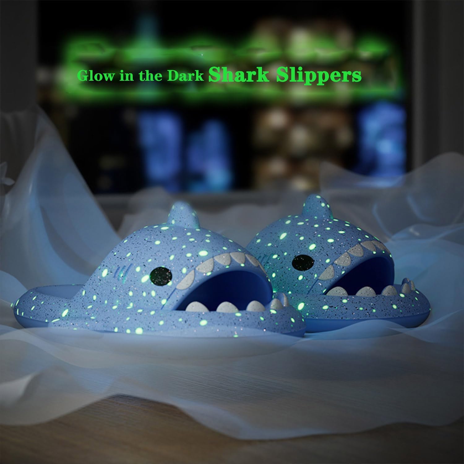 Шлепанцы Cloud Shark, шлепанцы Galaxy Shark, светящиеся в темноте, шлепанцы Galaxy Shark с блестками, шлепанцы Shark, нескользящие шлепанцы-подушки Shark для женщин и мужчин Spacebuyer — фото 2
