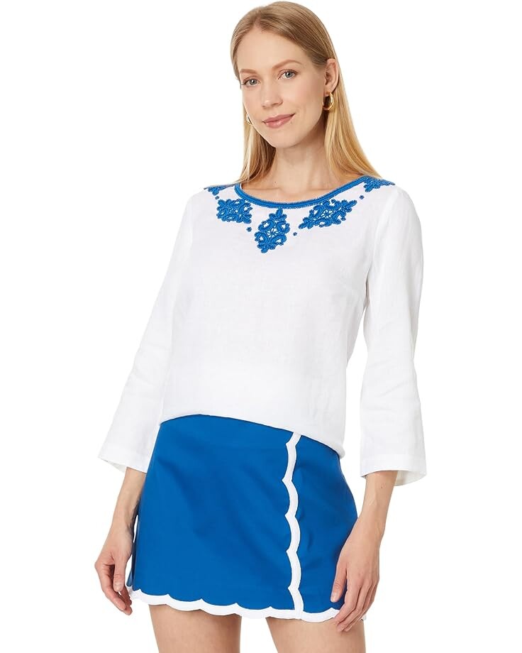 

Топ Lilly Pulitzer Elyn Beaded 3/4 Sleeve Linen Top, цвет Resort White