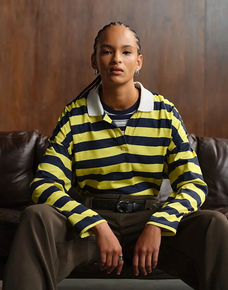 

Лонгслив для регби ASOS DESIGN с длинными рукавами в темно-сине-желтую полоску