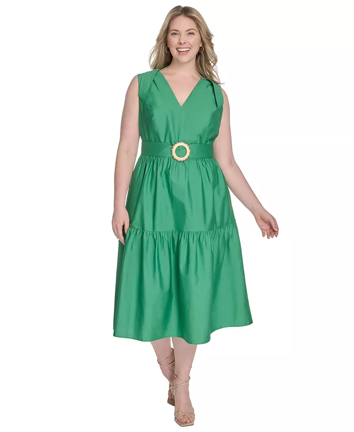 

Платье миди без рукавов из хлопка больших размеров с поясом и ярусами Vince Camuto, зеленый