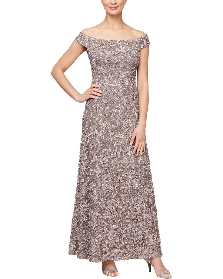 

Платье Alex Evenings Long Soutache Lace off the Shoulder, цвет Mink
