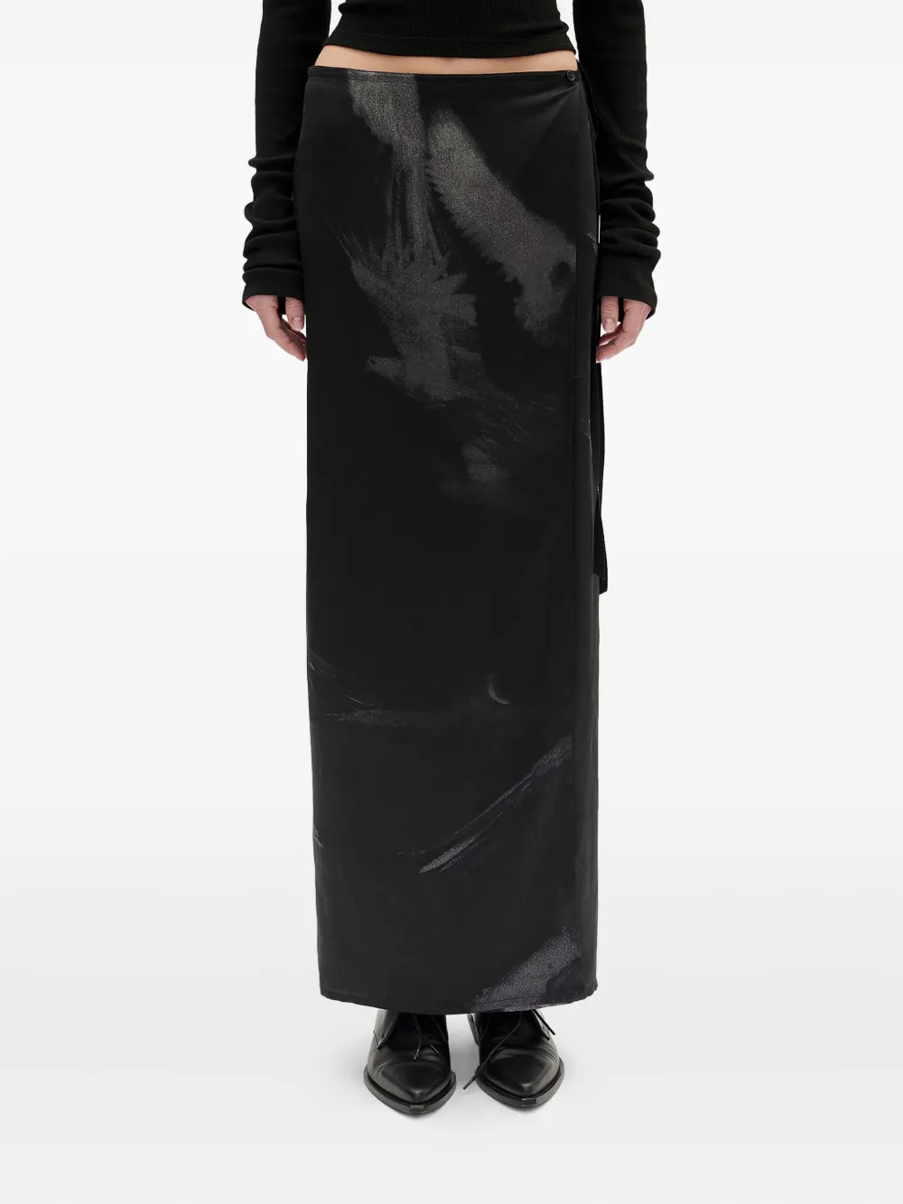 

Макси-юбка из сатина с принтом Oku Ann Demeulemeester, черный