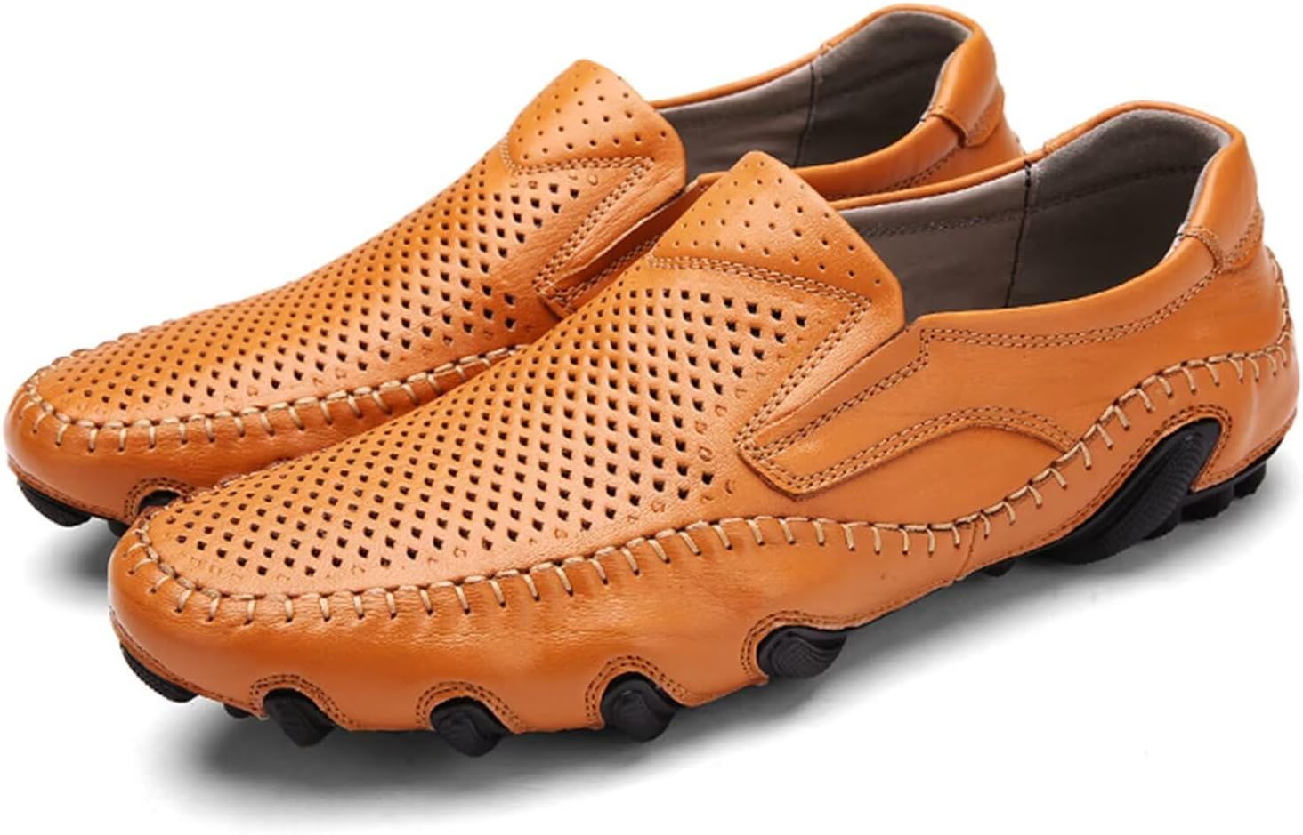 

Мужские кожаные слипоны с перфорацией, дышащие туфли для вождения с ручной строчкой, удобные повседневные Purfitall, коричневый