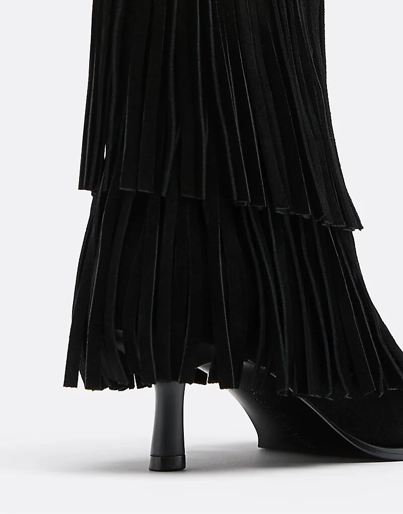 Ботильоны Stradivarius из кожи на каблуке с бахромой черного цвета — фото 3