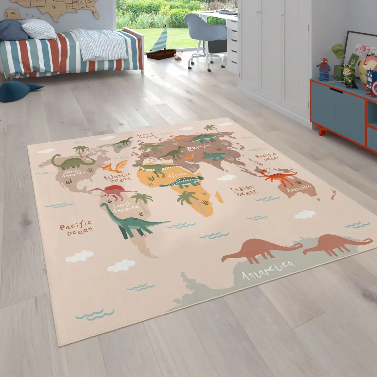 

Детский ковер Paco Home "Bino 583", прямоугольный, игровой коврик, карта мира и мотив динозавра, детская комната 200х200 см, бежевый