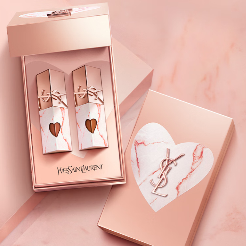 SAINT LAURENT Pink Gold Stone Qixi Limited мраморное сердце блеск для губ глянцевый легко растушевывается стойкий 5,5мл+5,5мл — фото 4